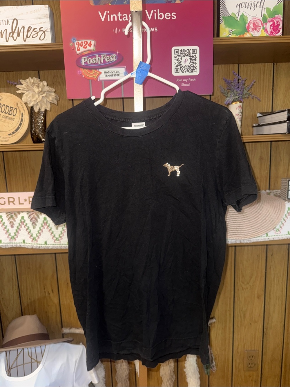 PINK Victoria's Secret Black Short Sleeve Tee with Gold Dog Patch
